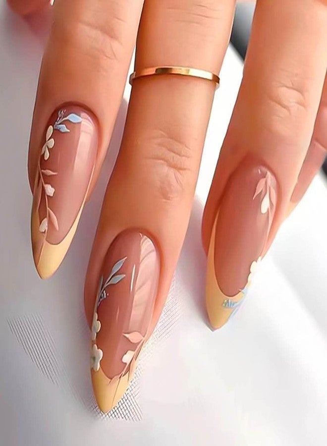 RikView French Tip Press on Nails Medium Length Fake Nails Almond Acrylic Nails Glossy Yellow Nails - Image 1